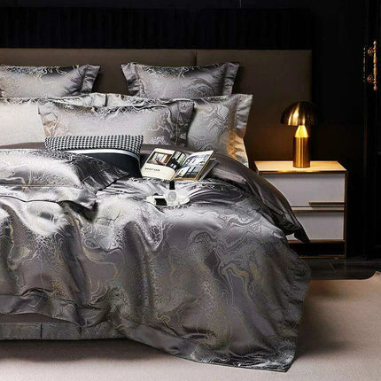 Luxurious Golden Jacquard Satin Bedding Set - 4-Piece Black Duvet & Egyptian Cotton Sheets- Très Elite- Très Elite