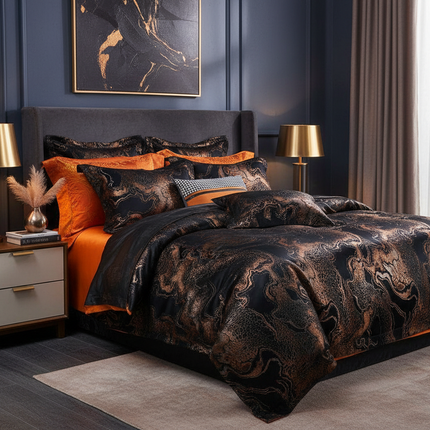 4pcs Luxurious Golden Jacquard Satin Bedding Set