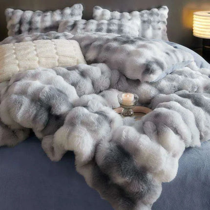 Luxurious Gradient Blue & Grey Faux Rabbit Fur Velvet Fleece Bedding Set with Sheets & Pillowcases- Très Elite- Très Elite