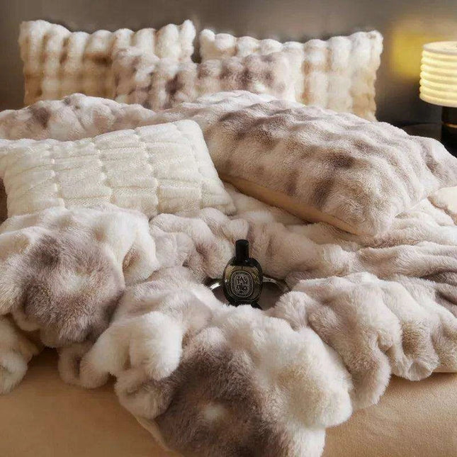 Luxurious Gradient Blue & Grey Faux Rabbit Fur Velvet Fleece Bedding Set with Sheets & Pillowcases