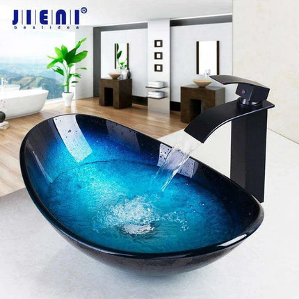 Luxurious Hand-Painted Glass Waterfall Basin Faucet Set in Stunning Blue..