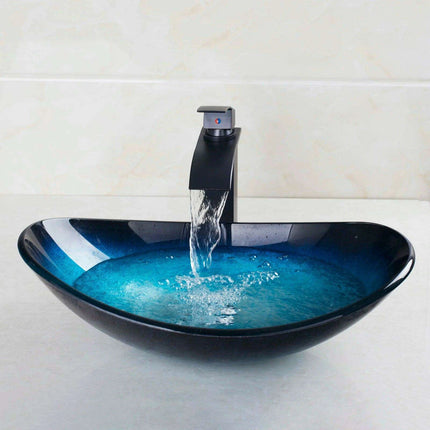 Luxurious Hand-Painted Glass Waterfall Basin Faucet Set in Stunning Blue - Très Elite
