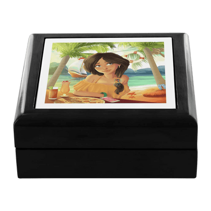 Luxurious Handcrafted Tropical Wood and Ceramic Jewelry Storage Box with Velvet Lining