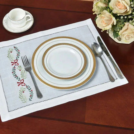 Luxurious Hemstitched Christmas Table Linens: Exquisite Embroidered Collection for an Elegant Dining Experience- Très Elite- Très Elite