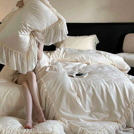 Luxurious Jacquard Lace and Chiffon Bedding Ensemble with Premium Egyptian Cotton - Beige Ruffled Duvet, Sheets, and Pillowcases - Très Elite