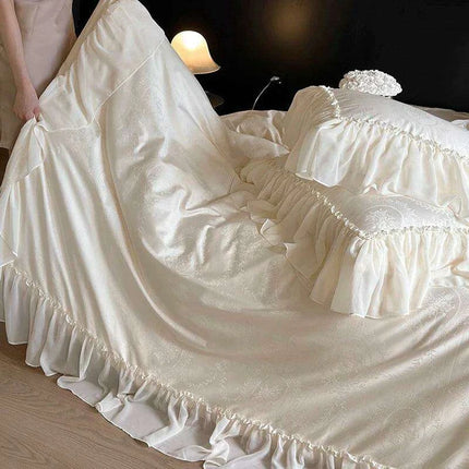 Luxurious Jacquard Lace and Chiffon Bedding Ensemble with Premium Egyptian Cotton - Beige Ruffled Duvet, Sheets, and Pillowcases - Très Elite