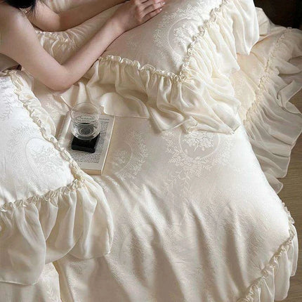 Luxurious Jacquard Lace and Chiffon Bedding Ensemble with Premium Egyptian Cotton - Beige Ruffled Duvet, Sheets, and Pillowcases - Très Elite