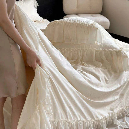 Luxurious Jacquard Lace and Chiffon Bedding Ensemble with Premium Egyptian Cotton - Beige Ruffled Duvet, Sheets, and Pillowcases - Très Elite