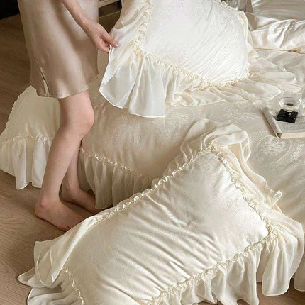 Luxurious Jacquard Lace and Chiffon Bedding Ensemble with Premium Egyptian Cotton - Beige Ruffled Duvet, Sheets, and Pillowcases - Très Elite
