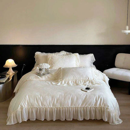 Luxurious Jacquard Lace and Chiffon Bedding Ensemble with Premium Egyptian Cotton - Beige Ruffled Duvet, Sheets, and Pillowcases - Très Elite