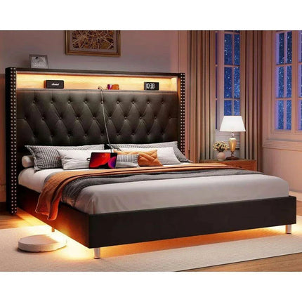 Luxurious King Bed Frame with LED Mood Lighting and Built-in Charging Station- Très Elite- Très Elite