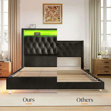 Luxurious King Bed Frame with LED Mood Lighting and Built-in Charging Station - Très Elite