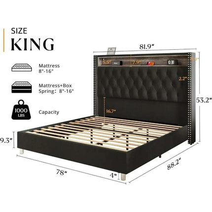 Luxurious King Bed Frame with LED Mood Lighting and Built-in Charging Station - Très Elite