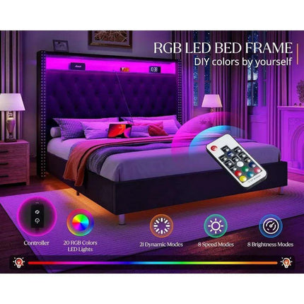 Luxurious King Bed Frame with LED Mood Lighting and Built-in Charging Station - Très Elite