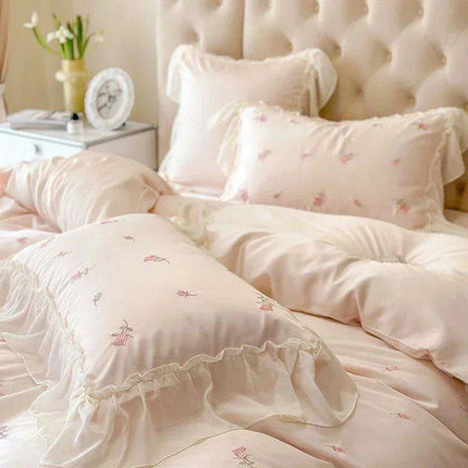 Luxurious Korean Style Lace Embroidered Lyocell Bedding Set - Pink and White - Très Elite