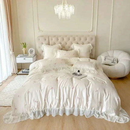 Luxurious Korean Style Lace Embroidered Lyocell Bedding Set - Pink and White - Très Elite
