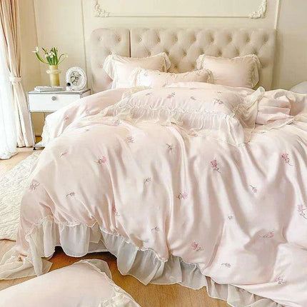 Luxurious Korean Style Lace Embroidered Lyocell Bedding Set - Pink and White - Très Elite