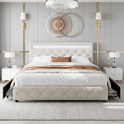 Luxurious LED Velvet Platform Bed with Versatile Storage and Elegant Tufted Finish - Transform Your Bedroom into a Stylish Retreat- Très Elite- Très Elite