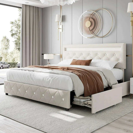 Luxurious LED Velvet Platform Bed with Versatile Storage and Elegant Tufted Finish - Transform Your Bedroom into a Stylish Retreat- Très Elite- Très Elite