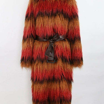 Luxurious Multicolor Plush Faux Fur Trench Coat with Stylish Leather Belt for Winter Women