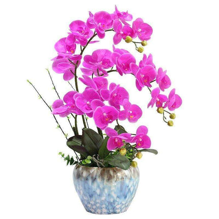 Luxurious Purple Latex Orchid Arrangement in Elegant Ceramic Pot for Home Decor..