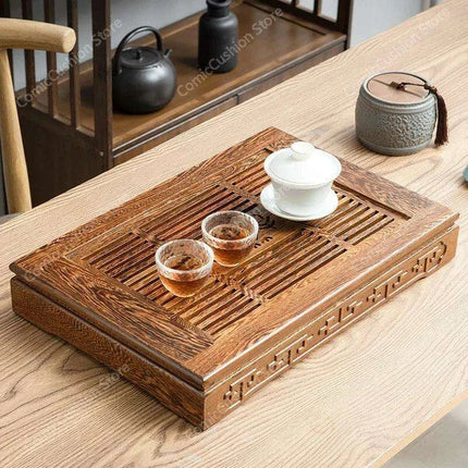 Luxurious Rosewood Tea Serving Tray with Convenient Storage Drawer - Stylish Wooden Table for Home Use - Très Elite