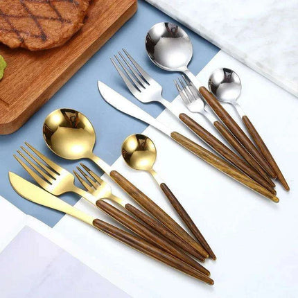 Luxurious Stainless Steel Cutlery Set with Elegant Wood Grain Handles - Très Elite