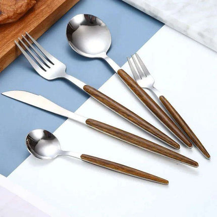 Luxurious Stainless Steel Cutlery Set with Elegant Wood Grain Handles - Très Elite