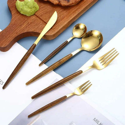 Luxurious Stainless Steel Cutlery Set with Elegant Wood Grain Handles - Très Elite