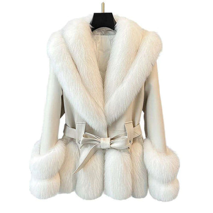 Luxurious V-neck Fox Fur and Sheepskin Winter Coat - Très Elite