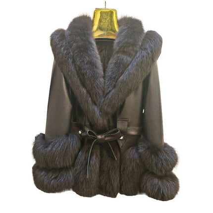 Luxurious V-neck Fox Fur and Sheepskin Winter Coat