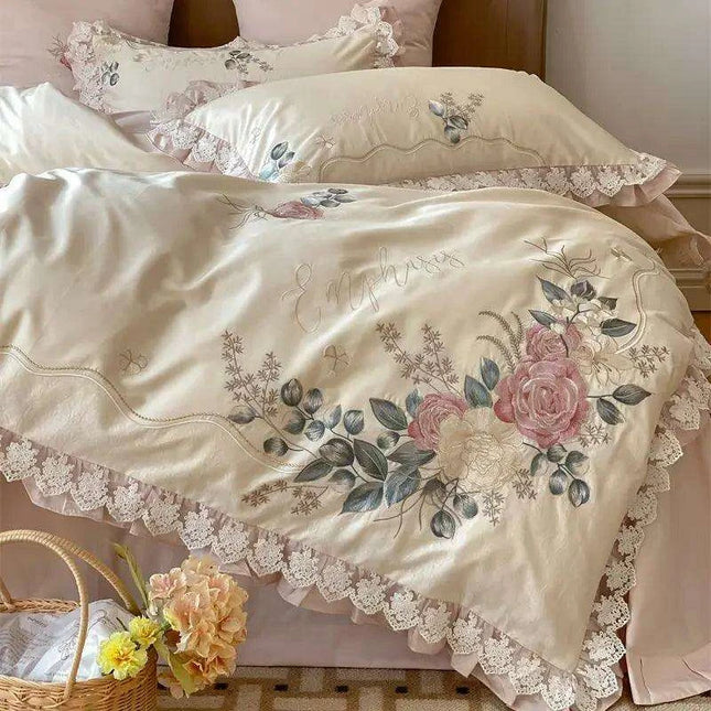 Luxurious Vintage French Floral Embroidered 1000TC Egyptian Cotton Bedding Collection with Ruffles - Duvet Cover, Bed Sheet & Pillowcases (4 Pieces)