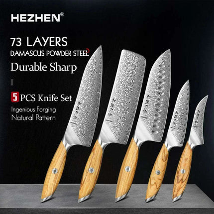 Luxury 73-Layer Damascus Steel Chef's Knife Set with Olive Wood Handles - Ideal for Gifting- Très Elite- Très Elite