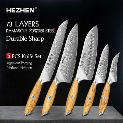 Luxury 73-Layer Damascus Steel Chef's Knife Set with Olive Wood Handles - Ideal for Gifting- Très Elite- Très Elite