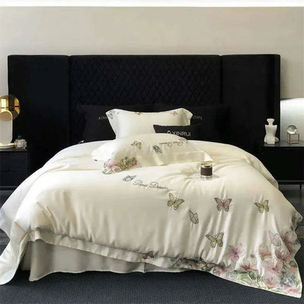 Luxury Butterfly Floral Embroidery Duvet Cover Set - Soft Lyocell Eucalyptus Fiber Bedding with Pillowcases and Flat Sheet- Très Elite- Très Elite
