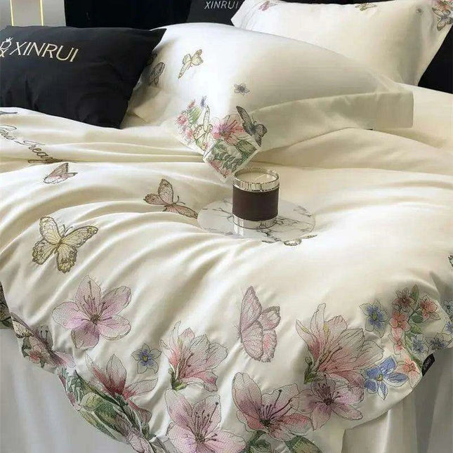 Luxury Butterfly Floral Embroidery Duvet Cover Set - Soft Lyocell Eucalyptus Fiber Bedding with Pillowcases and Flat Sheet