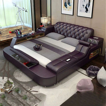 Luxury Leather Bed Frame with Massage, Storage, Safety, Speaker, and LED Lights - Deluxe Bedroom Furniture Collection- Très Elite- Très Elite
