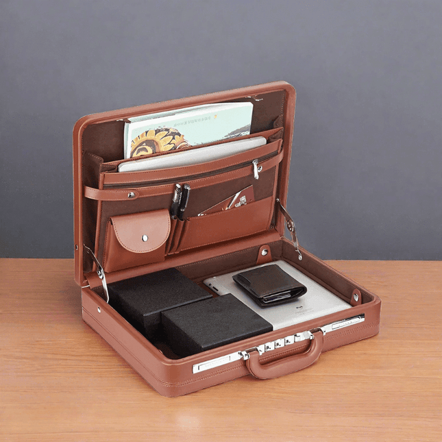 Luxury Leather Laptop Briefcase with Enhanced Security Features and Timeless Elegance