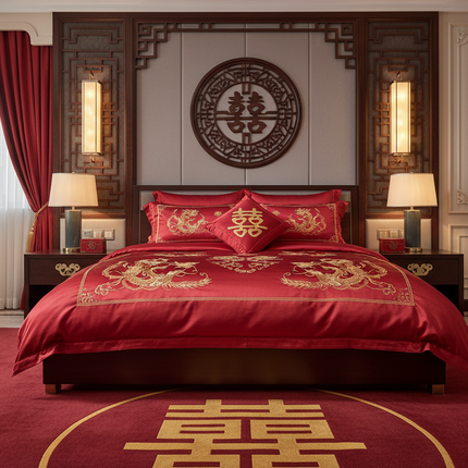 Luxury Red Chinese Wedding Duvet Cover Set with Elegant Golden Floral Embroidery and Premium Pillowcases - Très Elite
