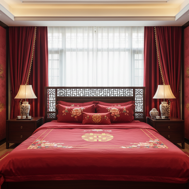 Luxury Red Chinese Wedding Duvet Cover Set with Elegant Golden Floral Embroidery and Premium Pillowcases - Très Elite