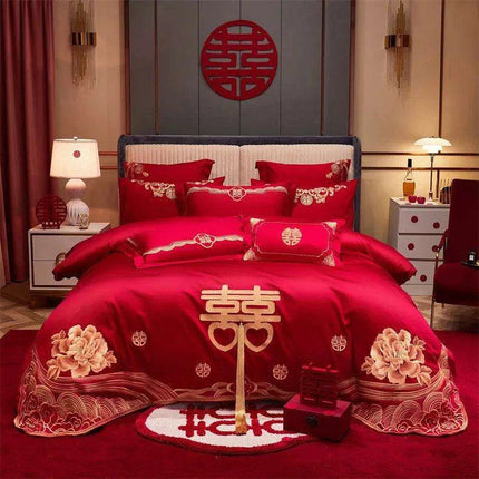 Luxury Red Chinese Wedding Duvet Cover Set with Elegant Golden Floral Embroidery and Premium Pillowcases- Très Elite- Très Elite