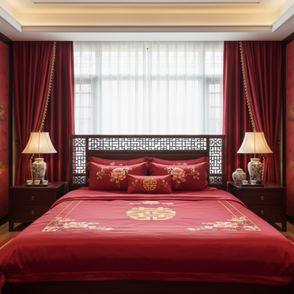 Luxury Red Chinese Wedding Duvet Cover Set with Elegant Golden Floral Embroidery and Premium Pillowcases - Très Elite