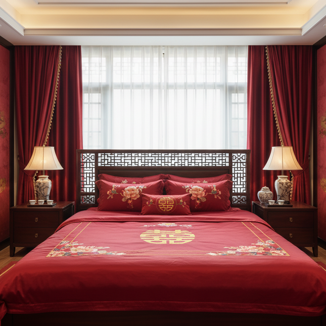 Luxury Red Chinese Wedding Duvet Cover Set with Elegant Golden Floral Embroidery and Premium Pillowcases - Très Elite