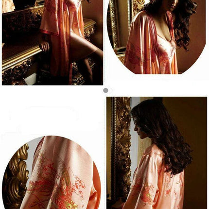 Luxury Silk Nightwear Set with Embroidered Robe and Chemise - Elegant Sleepwear Ensemble.