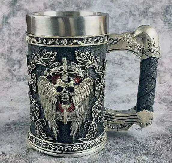 Medieval Angel of Death Skull Stainless Steel Beer Mug - 600ML Unique Horror Design