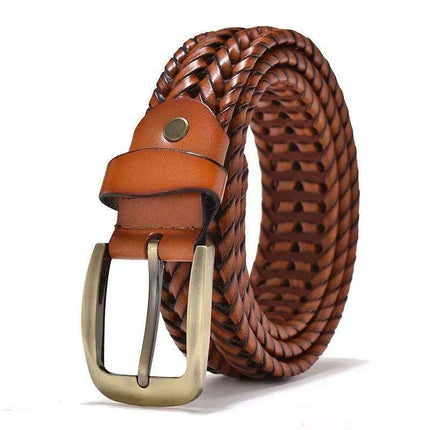 Men's Elegant Gold Buckle Braided Genuine Leather Belt - Très Elite