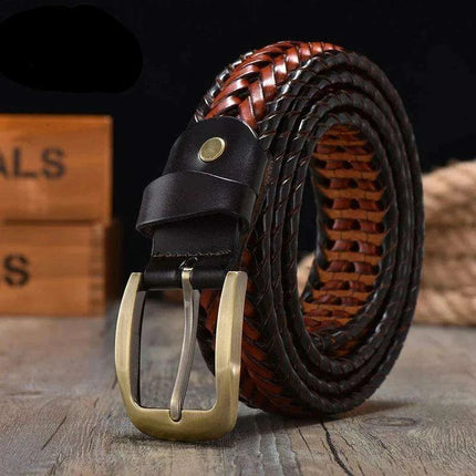 Men's Elegant Gold Buckle Braided Genuine Leather Belt - Très Elite