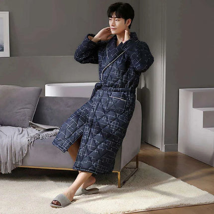 Men's Elegant Plaid Kimono Robe - Superior Cotton Lounge Wear for Chilly Seasons - Très Elite