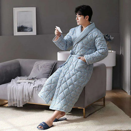 Men's Elegant Plaid Kimono Robe - Superior Cotton Lounge Wear for Chilly Seasons - Très Elite