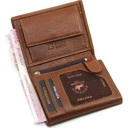 Men's Elegant Taba Leather Wallet by West Polo - Secure Zippered Coin Compartment, Spacious Design, and Gift-Ready Packaging with Fast Shipping - Très Elite